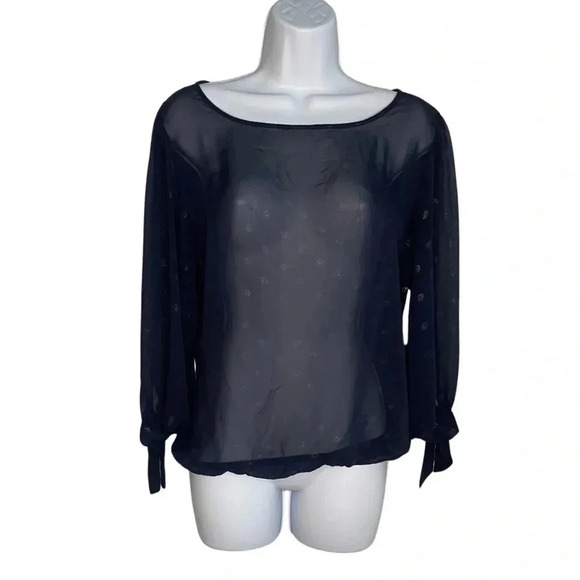 Bobeau Sheer Blouse with Light Gold Polka Dots | Navy BlueTop with Tie Sleeves - Picture 1 of 6
